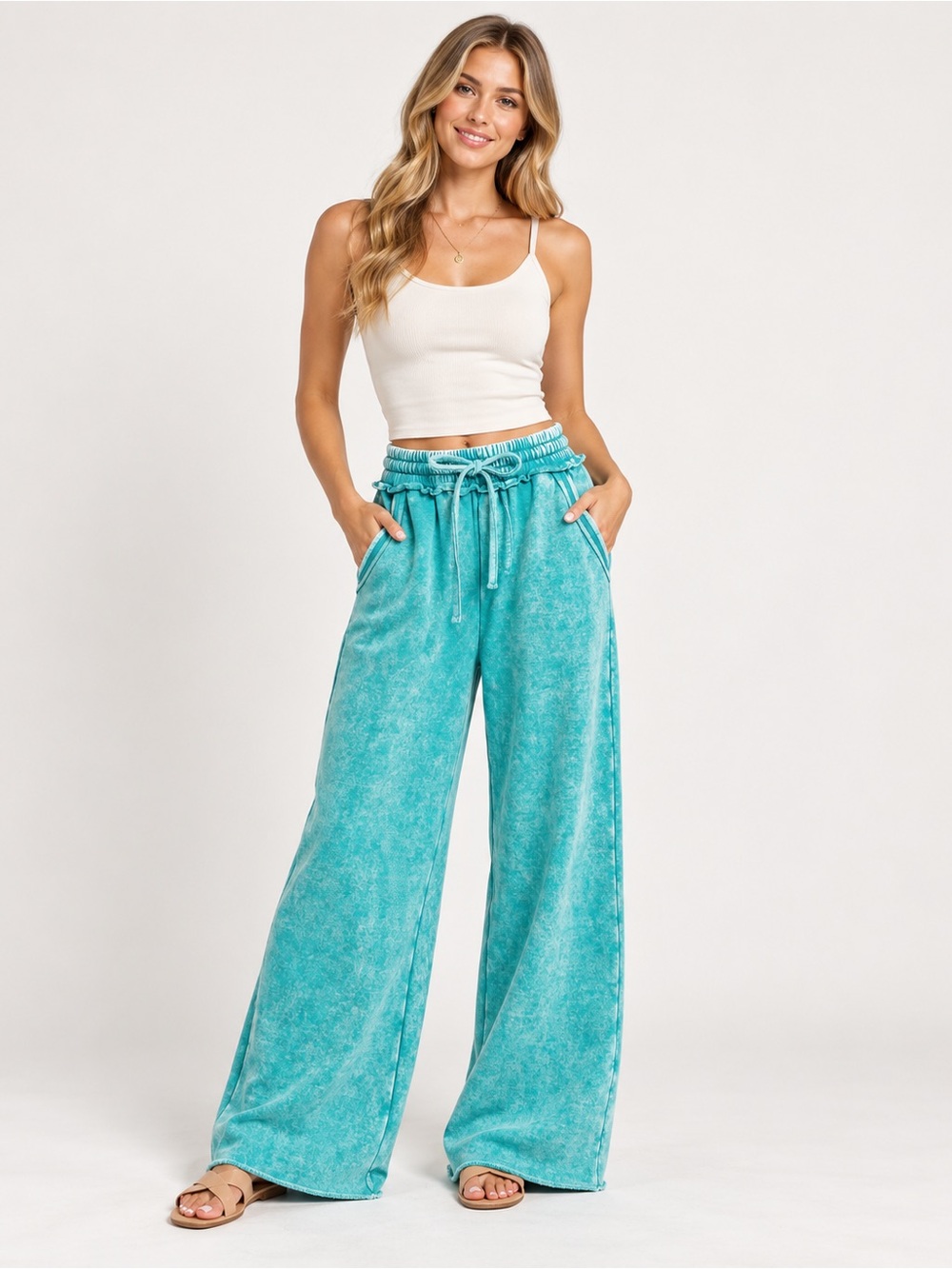 Zenana Mineral Washed Wide Leg Pants Turquoise Raw Hem Drawstring Lounge Pant